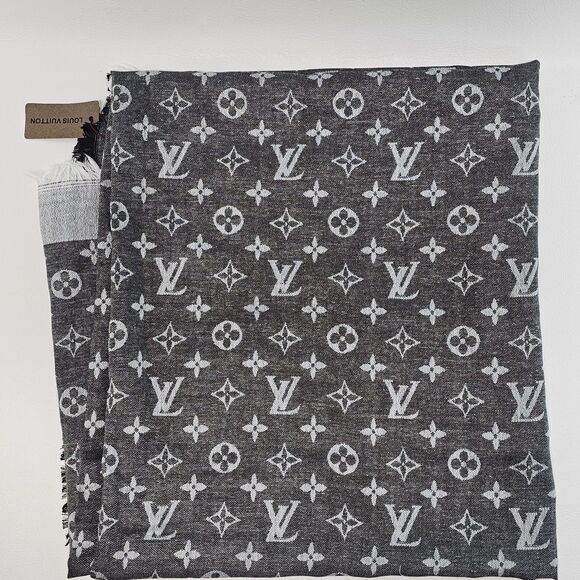 Louis Vuitton Silk/Wool Monogram Scarf Shawl Stole Black/Gray Made in Italy - Picture 8 of 16